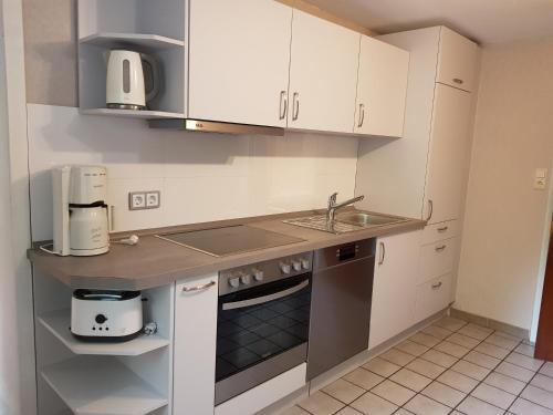 uma cozinha com armários brancos e um lavatório em 2 Zi-Appartment mit Gartennutzung em Brühl