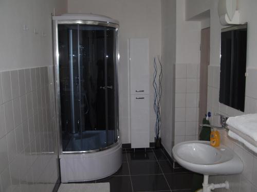 a bathroom with a shower and a sink at Penzion Kuba in Smržovka