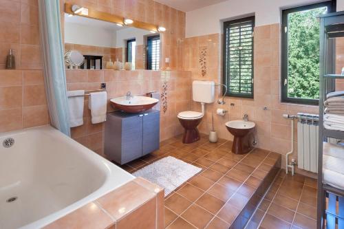 łazienka z wanną, toaletą i umywalką w obiekcie Apartment Doris with Private Pool and large Garden w mieście Nova Vas