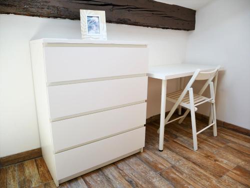 a white dresser with a desk and a stool at le Travertin in Avignon