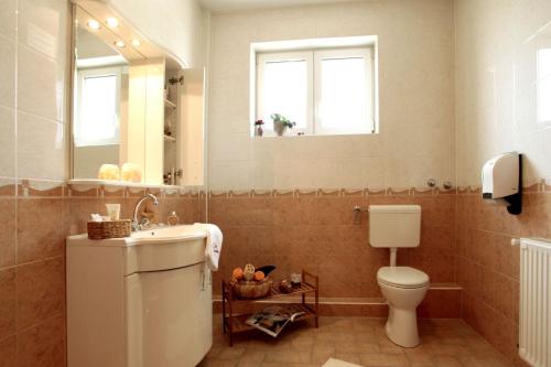 a bathroom with a sink and a toilet and a mirror at Família Vendégház in Szeged