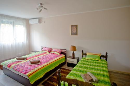 a bedroom with two beds and a window at Park Apartman in Arandjelovac