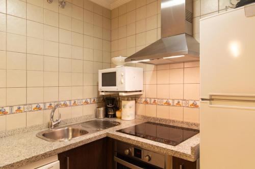 a kitchen with a sink and a microwave at Apartamentos Rurales Les Martes in Felechosa