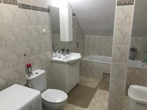La salle de bains est pourvue de toilettes, d'un lavabo et d'une baignoire. dans l'établissement Lokum u Joanny, à Nowy Łupków