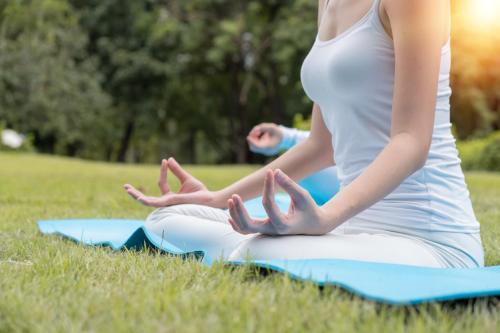 a woman doing yoga in the grass at Modrin Apartments in Kamnik