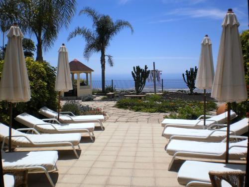 a row of lounge chairs with umbrellas and the ocean at Eco Finca Vista Bonita in San Miguel de Abona