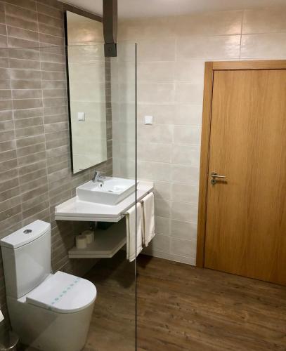 a bathroom with a toilet and a sink and a mirror at Casa da Miragaia in Angra do Heroísmo