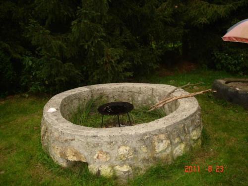 a stone bowl with a black burner in the grass at Tóth Apartman in Telkibánya