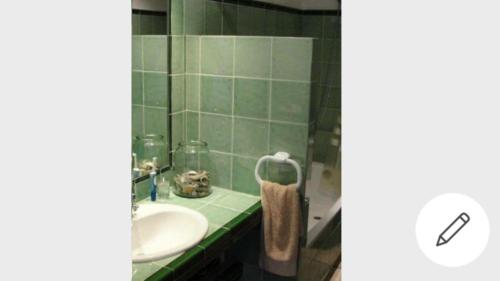 バレンシアにあるCarrer del Músic Peydró, 46 Apartament 5の緑のタイル張りのバスルーム(シンク、鏡付)