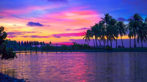 a sunset over a body of water with palm trees at Kitesurfing Lanka in Kalpitiya
