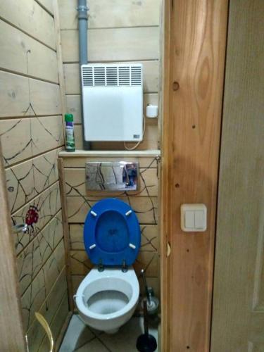 a small bathroom with a blue toilet with a fan at хостел "Трутень" in Vorokhta