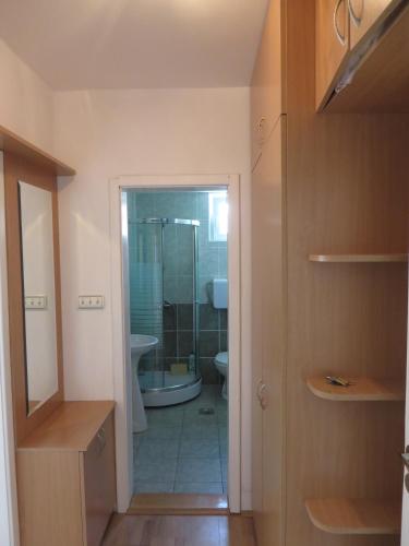 une salle de bains avec toilettes, lavabo et miroir dans l'établissement Bisa, à Sokobanja