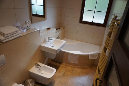 a bathroom with a sink and a toilet at Jezírko lesní restaurant & penzion in Jáchymov