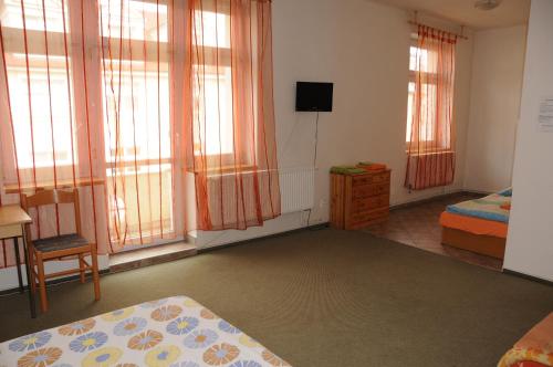 フラデツ・クラーロヴェーにあるPenzion Pupendoの窓、ベッド、テレビが備わるベッドルーム1室が備わります。