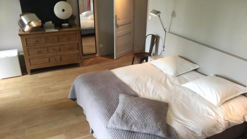 a bedroom with a bed and a dresser and a mirror at Mas des Songes in Monteux