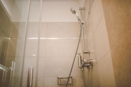 a shower in a bathroom with a glass door at Kings Residence in Prague