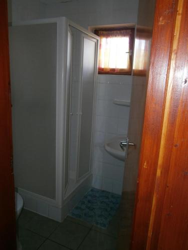a bathroom with a shower and a sink at Vándor Vigadó in Zalaegerszeg