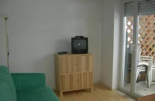 a living room with a green couch and a tv at Max 's Siusi Apartament in Siusi