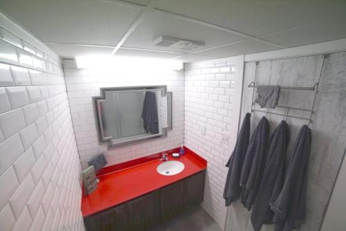 a bathroom with a red sink and a mirror at Holiday Home in Myrtle Beach 51305 in Myrtle Beach
