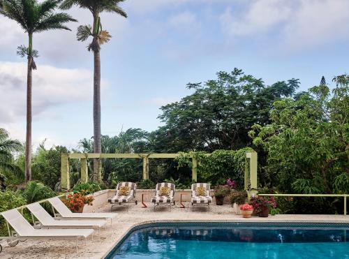 a swimming pool with lounge chairs and a palm tree at Golden Rock Nevis in Nevis