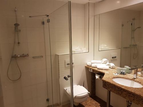 ein Bad mit einer Dusche, einem WC und einem Waschbecken in der Unterkunft Hotel Fliegerheim in Borkheide