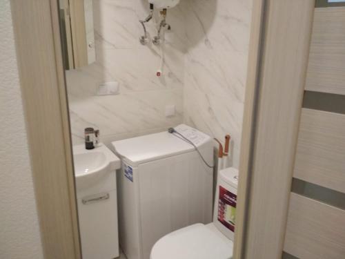 a white bathroom with a toilet and a sink at SMART-HOUSE Smart-kvartira s kukhnei. in Kyiv