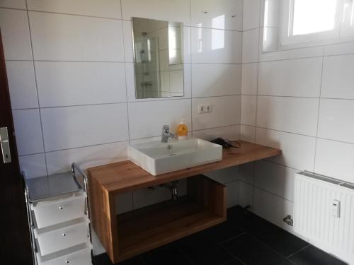 La salle de bains est pourvue d'un lavabo et d'un miroir. dans l'établissement Modernes 2-Zimmer-Apartment nahe Graz, à Gratkorn