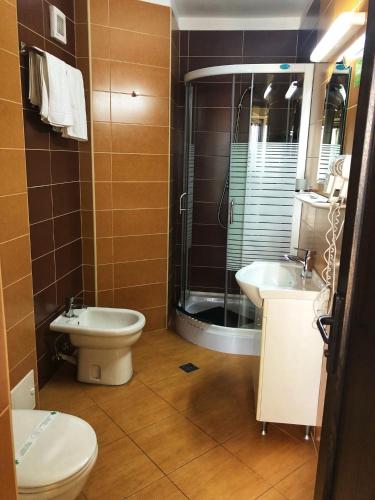 a bathroom with a toilet and a sink and a shower at Hotel Crystal Palace in Râmnicu Vâlcea