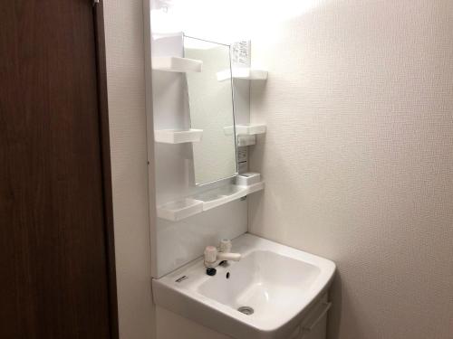 a white bathroom with a sink and a mirror at TOP EDGE HOSTEL Koenji in Tokyo