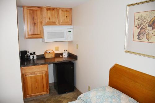 a small kitchen with a counter and a microwave at Alouette Beach Resort Economy Rooms in Old Orchard Beach