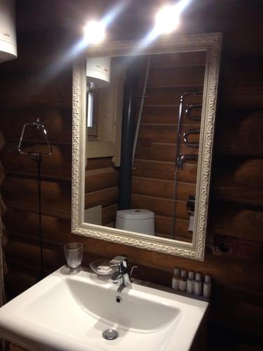 een badkamer met een witte wastafel en een spiegel bij Leoslav Apartments in Tatariv