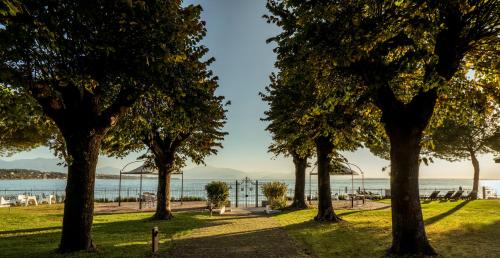 a row of trees in a park near the water at Splendido Bay Luxury Spa Resort in Padenghe sul Garda