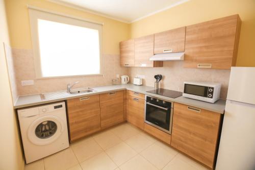 a kitchen with a washing machine and a microwave at Carisa Livadia Gardens in Livadhia