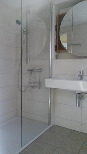 リュッベンにあるGartenidylle im Spreewald Sa-Saのバスルーム(シャワー、シンク、鏡付)