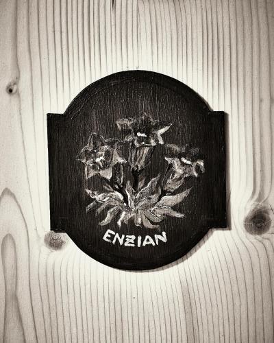 a sign on a wall with flowers on it at Berghaus Alpenrösli in Klosters
