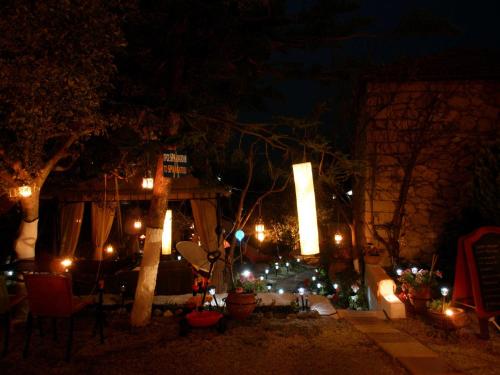 a night time view of a garden with lights at Anatoli Hotel in Agia Marina Aegina