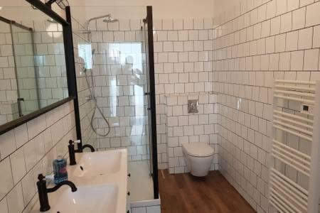 a bathroom with a shower and a sink and a toilet at Belle Malouine in Saint Malo