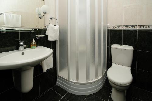 y baño con ducha, aseo y lavamanos. en Lira Hotel, en Saratov