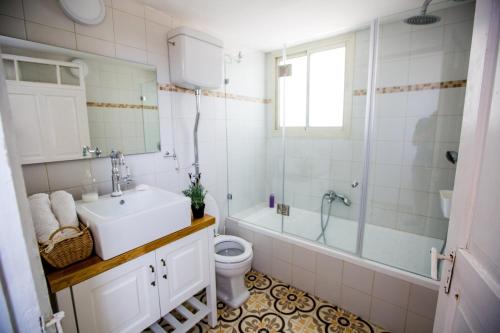 a bathroom with a sink and a toilet and a shower at Berenice Winery Hotel in Tiberias