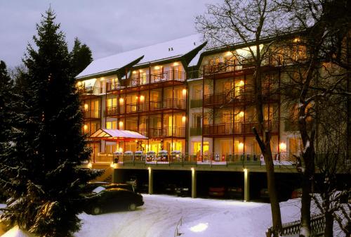 um grande edifício com luzes acesas na neve em Chalet Sonnenhang Oberhof em Oberhof