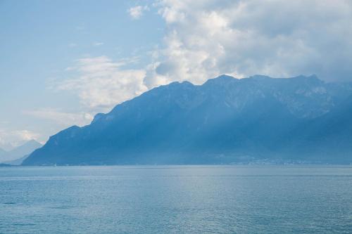 a large body of water with a mountain in the background at Auberge de Rivaz in Rivaz