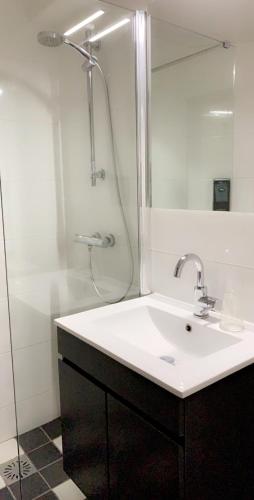 a white bathroom with a sink and a shower at Hotel aan de Linge in Kedichem