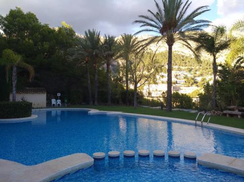 una gran piscina con palmeras en el fondo en Villa de Standing Vue Mer, en Altea