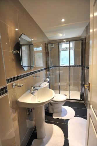 a bathroom with a sink and a toilet and a shower at Belle-Vue Apartments in Hunstanton