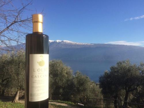 a bottle of wine with a view of a mountain at Cascina Varini in Gargnano