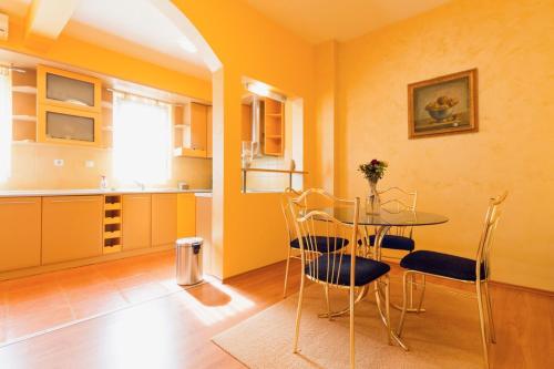 uma cozinha com mesa e cadeiras num quarto em Apartment Sofija em Niš