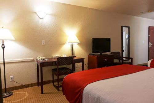 a hotel room with a bed and a desk and a television at Gold Circle Inn in Lloydminster