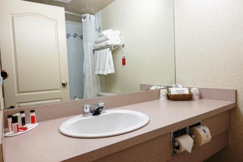 a bathroom with a sink and a mirror at Gold Circle Inn in Lloydminster