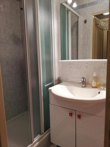 une salle de bain avec un lavabo et une douche dans l'établissement Appartement Le Cernuschi Rdc, à Menton