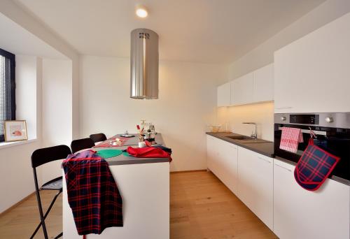 a kitchen with a stove top oven and a microwave at Smart & Green Living by Ambiente in Bratislava